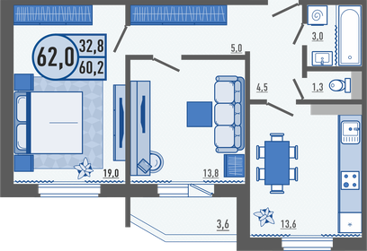 Квартира 62,4 м², 2-комнатная - изображение 1