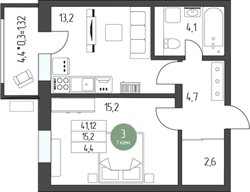 41,2 м², 1-комнатная квартира 4 500 000 ₽ - изображение 1