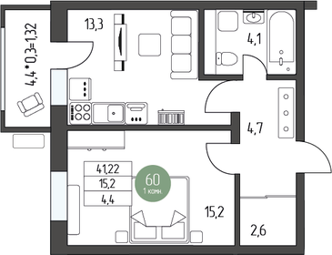 Квартира 44,3 м², 1-комнатная - изображение 1