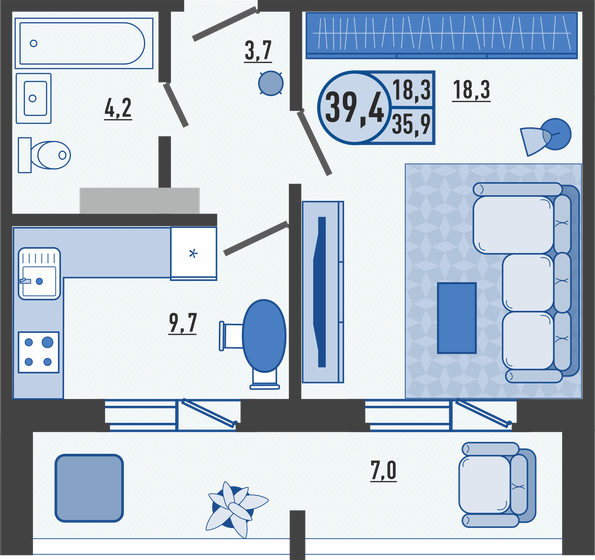 39,4 м², 1-комнатная квартира 3 234 740 ₽ - изображение 1