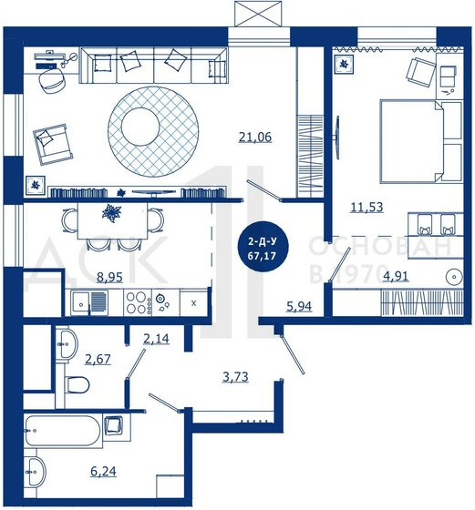 67,2 м², 2-комнатная квартира 9 950 000 ₽ - изображение 1