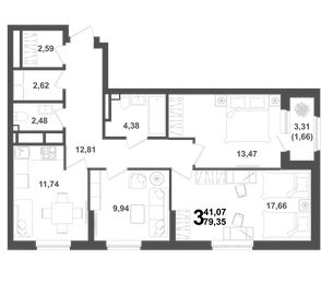 Квартира 79,4 м², 3-комнатная - изображение 1