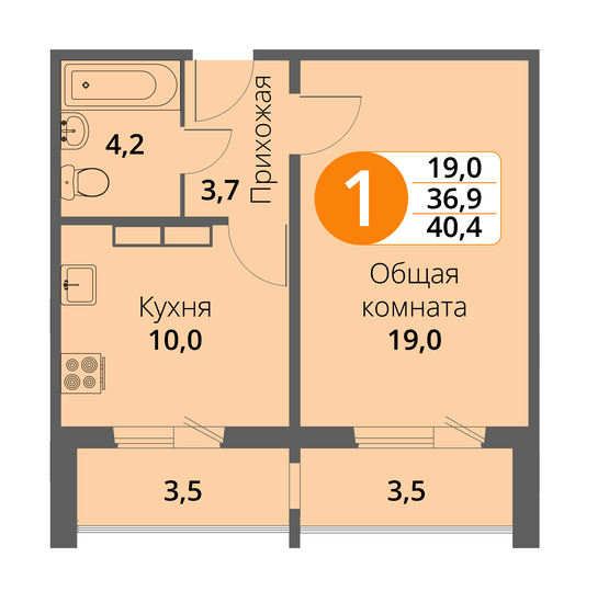 40,8 м², 1-комнатная квартира 3 863 760 ₽ - изображение 1