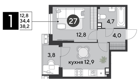 38,2 м², 1-комнатная квартира 6 826 340 ₽ - изображение 5