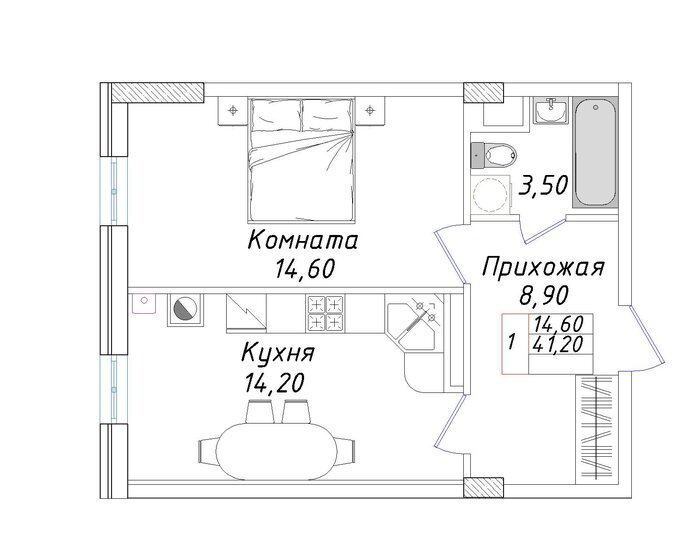 41,2 м², 1-комнатная квартира 3 914 000 ₽ - изображение 43