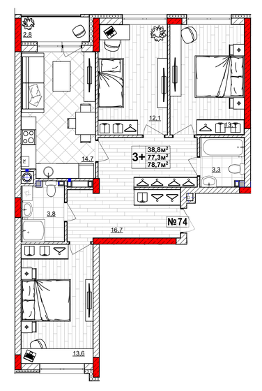 78,7 м², 3-комнатная квартира 10 243 000 ₽ - изображение 1