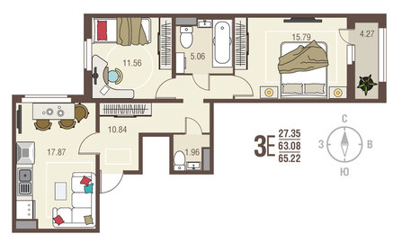 Квартира 65,2 м², 2-комнатная - изображение 1