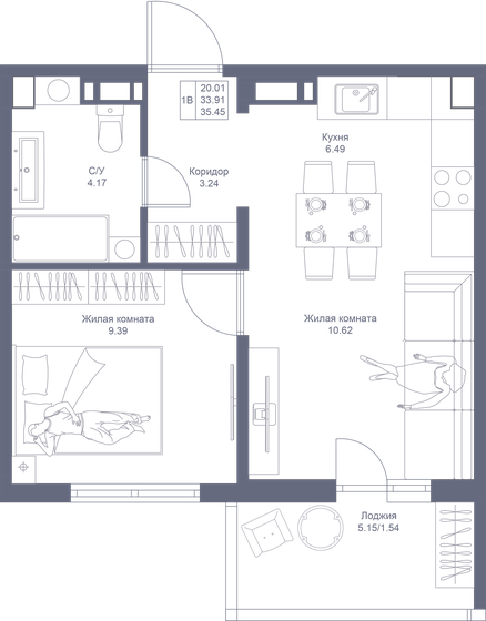 35,5 м², 1-комнатная квартира 6 629 150 ₽ - изображение 1