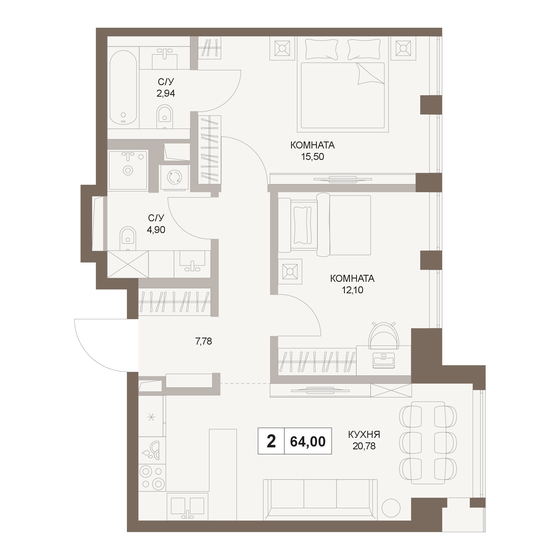64 м², 2-комнатная квартира 30 661 760 ₽ - изображение 1
