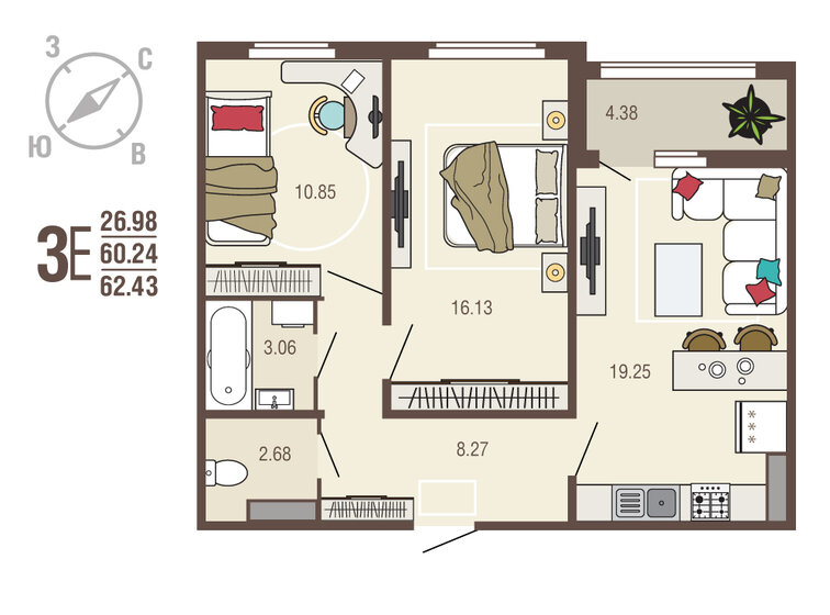 62,4 м², 2-комнатная квартира 5 805 990 ₽ - изображение 18