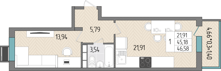 46,6 м², 1-комнатная квартира 5 636 180 ₽ - изображение 15