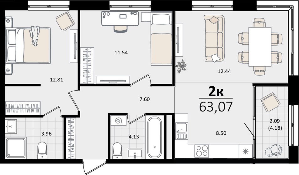 63,1 м², 3-комнатная квартира 18 025 406 ₽ - изображение 1