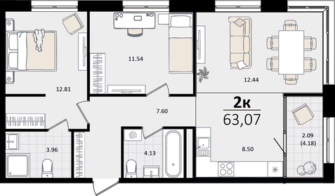 Квартира 63,1 м², 3-комнатная - изображение 1