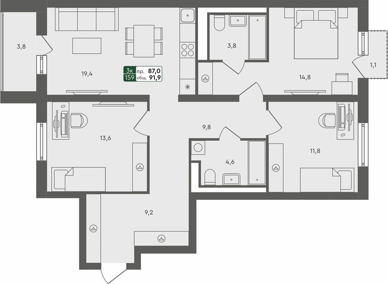 91,9 м², 3-комнатная квартира 9 310 000 ₽ - изображение 1