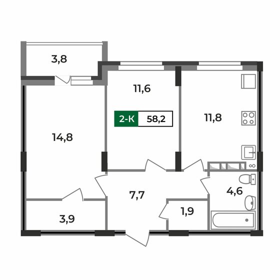 58,2 м², 2-комнатная квартира 5 558 100 ₽ - изображение 1
