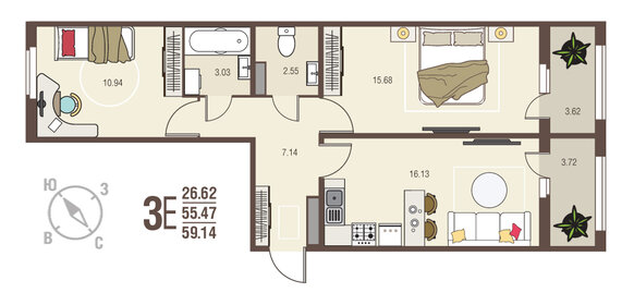 58,5 м², 2-комнатная квартира 5 555 600 ₽ - изображение 35