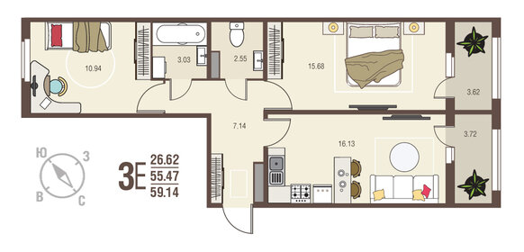 Квартира 59,1 м², 2-комнатная - изображение 1