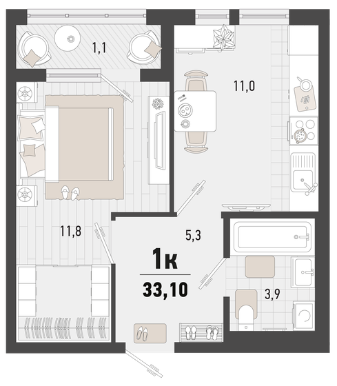 33,1 м², 1-комнатная квартира 9 249 795 ₽ - изображение 1