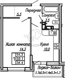 Квартира 34,4 м², 1-комнатная - изображение 1