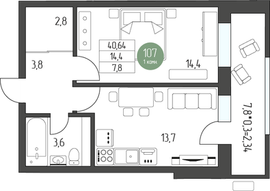 44,4 м², 1-комнатная квартира 6 022 500 ₽ - изображение 45