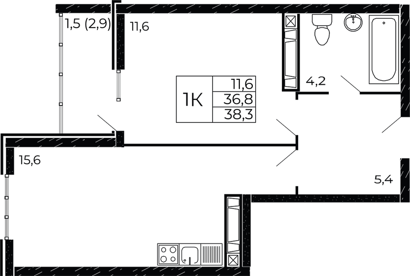 38,3 м², 1-комнатная квартира 4 458 120 ₽ - изображение 1