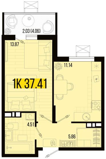 37,4 м², 1-комнатная квартира 4 085 172 ₽ - изображение 1