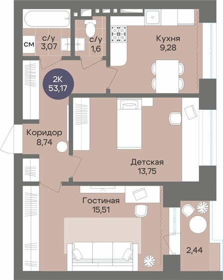 53,2 м², 2-комнатная квартира 9 700 000 ₽ - изображение 1