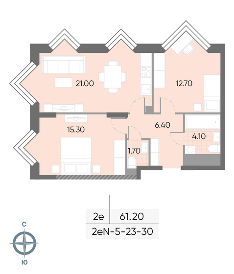 61,2 м², 2-комнатная квартира 26 392 744 ₽ - изображение 1