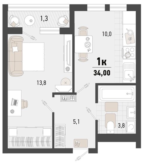 34 м², 1-комнатная квартира 9 703 600 ₽ - изображение 1