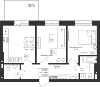 54,5 м², 2-комнатная квартира 7 575 500 ₽ - изображение 44