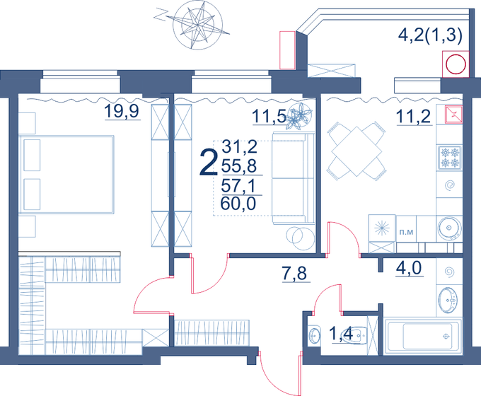 60 м², 2-комнатная квартира 7 245 000 ₽ - изображение 10