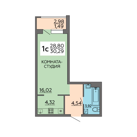 30,3 м², 1-комнатная квартира 2 665 520 ₽ - изображение 1