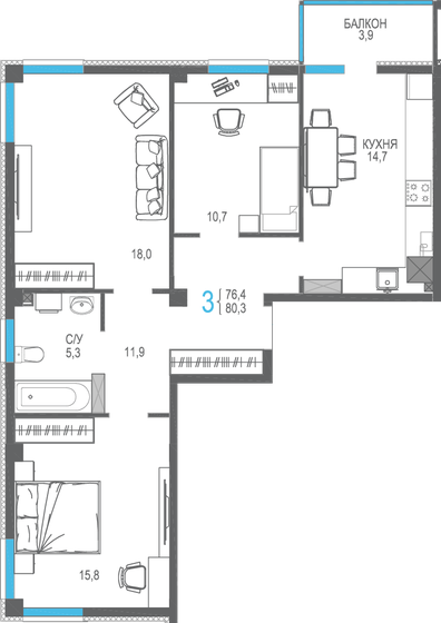 80,3 м², 3-комнатная квартира 7 869 400 ₽ - изображение 1