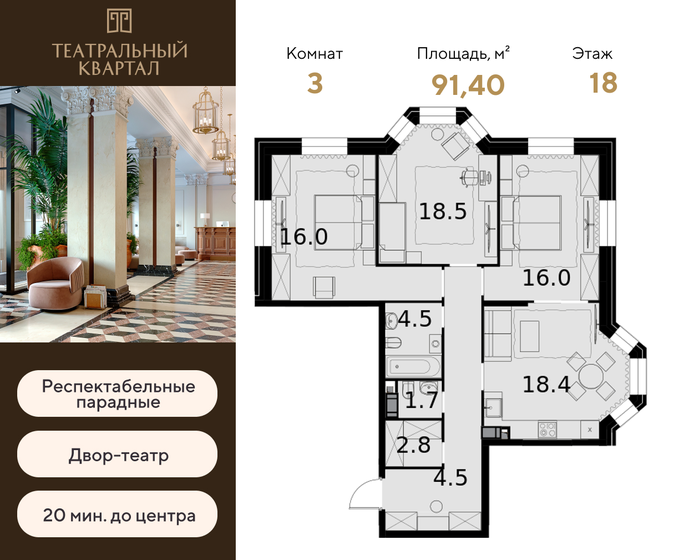 91,4 м², 3-комнатная квартира 42 866 600 ₽ - изображение 1