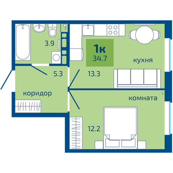 34,7 м², 1-комнатная квартира 3 680 000 ₽ - изображение 25