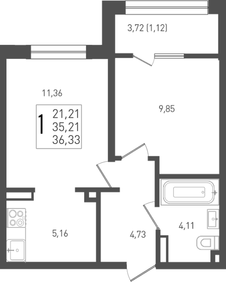 36,3 м², 1-комнатная квартира 4 977 210 ₽ - изображение 1