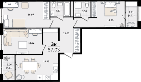 Квартира 87 м², 3-комнатная - изображение 1