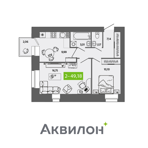 49,2 м², 2-комнатная квартира 6 878 300 ₽ - изображение 1