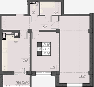 Квартира 66,9 м², 2-комнатная - изображение 1
