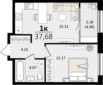 Квартира 37,7 м², 1-комнатная - изображение 1