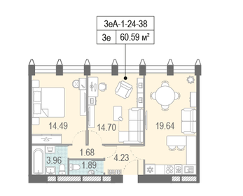 Квартира 61,4 м², 2-комнатная - изображение 1