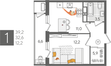 Квартира 39,2 м², 1-комнатная - изображение 2