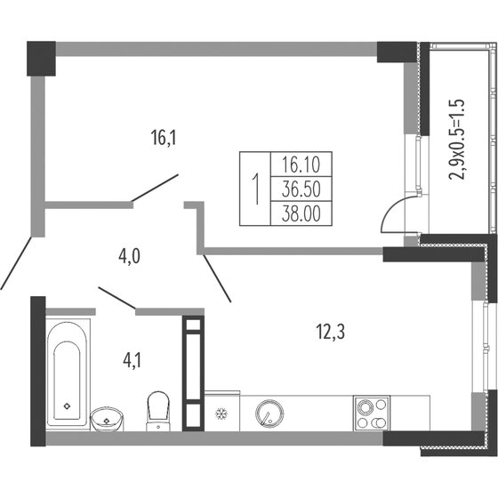 38 м², 1-комнатная квартира 8 884 780 ₽ - изображение 1