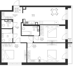 Квартира 94,9 м², 3-комнатная - изображение 1