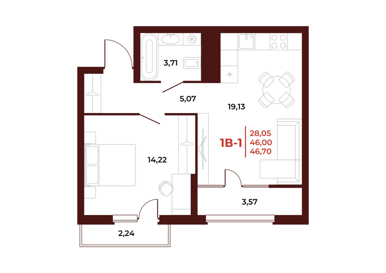 46,7 м², 1-комнатная квартира 5 043 600 ₽ - изображение 1
