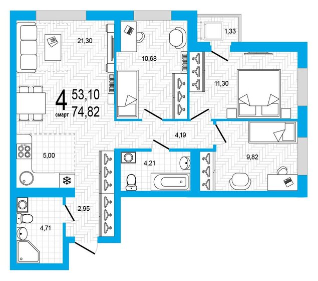 74,8 м², 4-комнатная квартира 8 267 610 ₽ - изображение 1