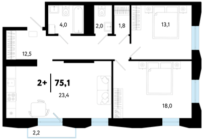Квартира 75,2 м², 2-комнатная - изображение 1