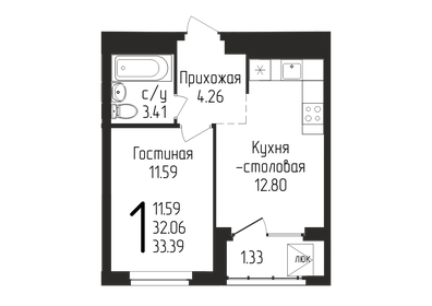 33,3 м², 1-комнатная квартира 4 300 000 ₽ - изображение 1