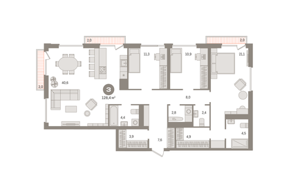 Квартира 128,4 м², 3-комнатная - изображение 1