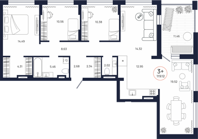 Квартира 119,1 м², 3-комнатная - изображение 1